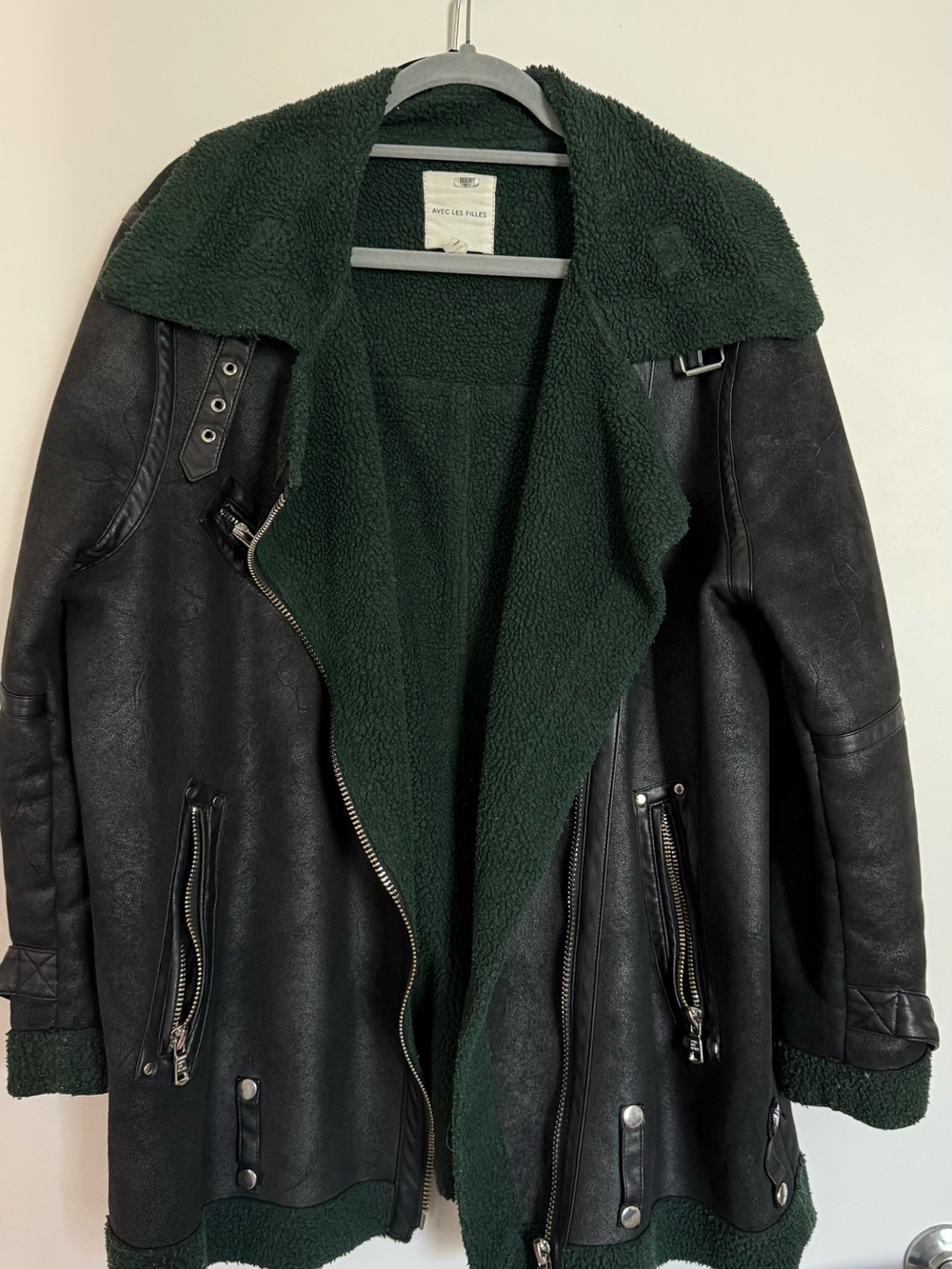 🏍️ Avec Les Filles Black Faux-Leather Moto Jacket with Dark Green Shearling